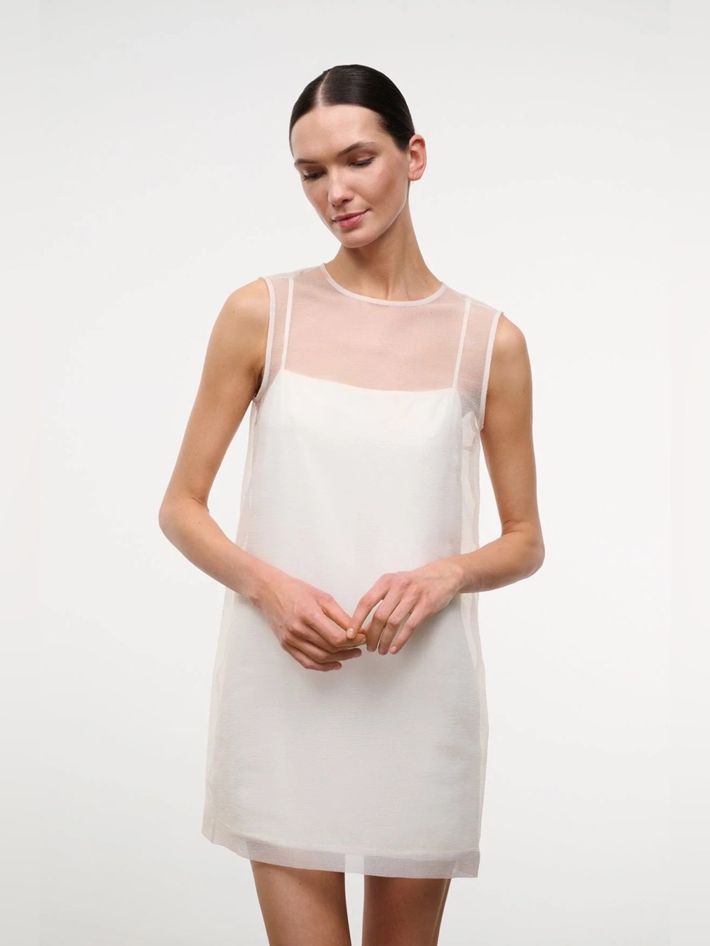 STAUD Sheer Overlay Mini Dress in Ivory